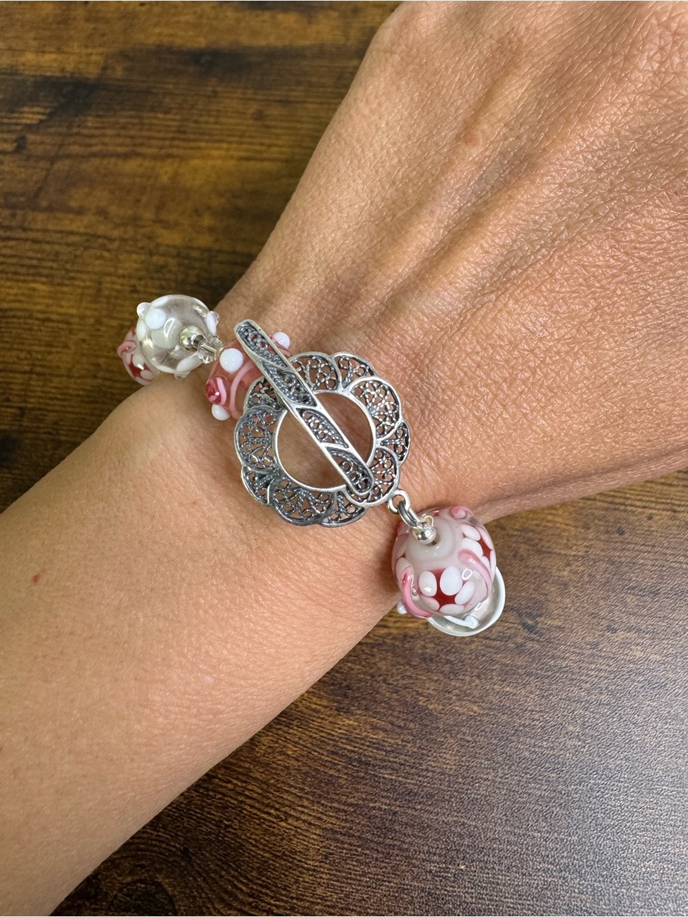 Vintage JBB Pink & White Lampwork Bead Bracelet Filigree Sterling Silver Clasp